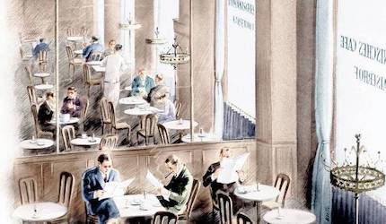 Watercolor of a birds-eye view of a cafe with multiple tables and patrons